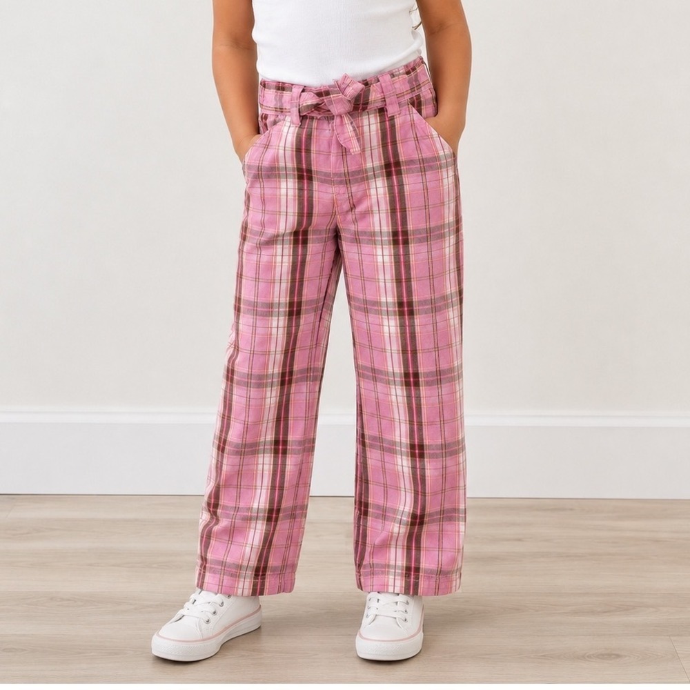 Toughskins Girls Pink Plaid Tie Waist Bootcut Pants Size 4 100% Cotton Y2K